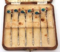 Cased set of six George VI silver and enamel cocktail picks, each with a cockerel finial to a