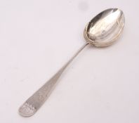 Late 19th century Norwegian basting spoon, Hanoverian type pattern with engraved handle and plain