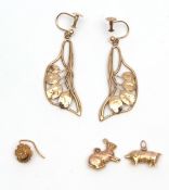 Mixed Lot: pair of 9ct gold Art Nouveau style earrings, pierced with leaf design, screw fittings,