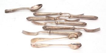 Mixed Lot: four coffee spoons and matching sugar tongs, together with six silver handled pastry