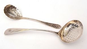 Mixed Lot: George III Old English pattern bottom struck sifter spoon with pierced circular bowl,