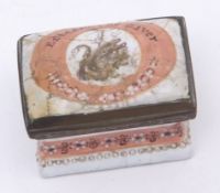 Early 19th century enamelled patch box of waisted rectangular form with hinged cover decorated