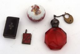 Mixed Lot: perfume bottle with white metal screw down cover, together with pewter line inlaid papier