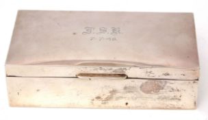 George VI table cigarette box of rectangular form with polished panels and hinged cover centred with