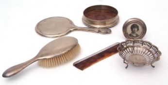 Mixed Lot: dressing table hand mirror, hair brush, silver mounted bottle coaster, silver mounted