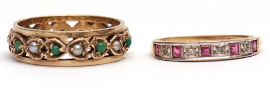 Mixed Lot: 18ct gold diamond and ruby half eternity, an alternate line of small diamonds and calibre