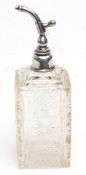 Late Victorian silver mounted and clear cut glass perfume atomiser, the square cut body with diamond