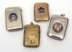 Mixed Lot: four various base metal vesta cases, each of rectangular form and with hinged and