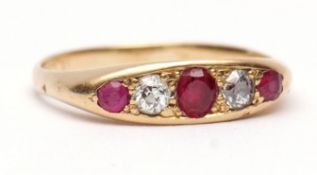 Antique 18ct gold stamped ruby and diamond ring, boat shaped and alternate set with three