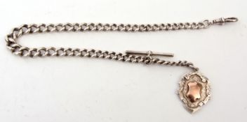 Late 19th century silver graduated curb link watch chain, set with T-bar, swivel and shield shaped