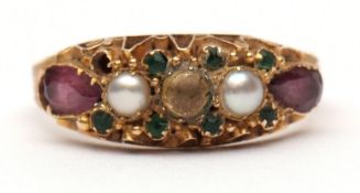 English early Suffrage ring, 1875, set with emeralds, amethysts and seed pearls symbolising the