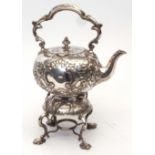 Late 19th century electro-plated tea kettle on stand, with overhead handle, globular body and fitted