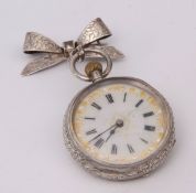 Late 19th century Swiss silver cased open face keyless fob watch, the frosted gilt and jewelled
