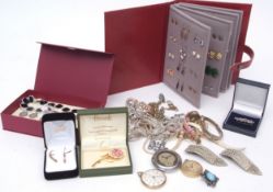 Box of costume jewellery to include plastic folder of various earrings, coins, St Christopher,
