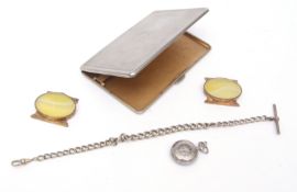 Mixed Lot: plated vintage cigarette case, metal watch chain, modern fob watch together with two oval