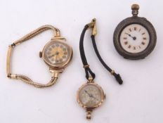 Mixed Lot: two various 9ct gold ladies wristwatches and a silver cased open face keyless fob