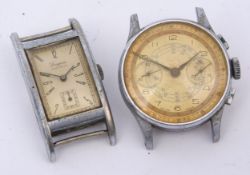 Mixed Lot: mid-20th century Swiss base metal cased two-button chronograph watch, the jewelled