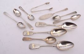 Mixed Lot: two various Fiddle pattern dessert spoons, together with six various tea spoons, single