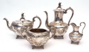 Late 19th century electro-plated four-piece tea and coffee service comprising coffee pot, tea pot,