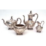 Late 19th century electro-plated four-piece tea and coffee service comprising coffee pot, tea pot,