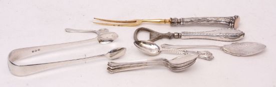 Mixed Lot: pair of sugar tongs, condiment spoon, salt spoon, eight various coffee spoons, combined