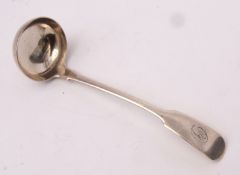 George IV Scottish Fiddle pattern ladle with circular bowl, initialled, length 16cms, wt approx