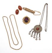Mixed Lot: ladies compact lighter, Aztec style disc pendant and chain, brooches, earrings etc