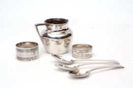Mixed Lot: hallmarked silver baluster milk jug, two cylindrical napkin rings and three various Old