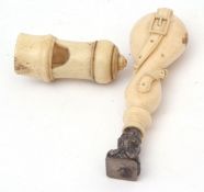 Mixed Lot: ivory handled desk seal with blank matrix to a baluster handle with carved belt detail,