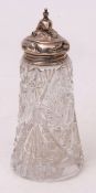 Early 20th century clear cut glass and silver lidded table caster (cover heavily damaged and marks