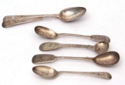 Mixed Lot: three various Old English pattern tea spoons, two Fiddle pattern mustard spoons and a
