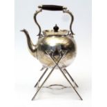 Late 19th century "Aesthetic Movement" electro-plated tea kettle on stand, the heavy gauge wire work