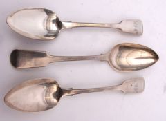 Three George IV Fiddle pattern table spoons, initialled, length 22 1/2 cms, combined wt approx