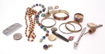 Tin containing costume jewellery including bangles, metal comb, kingfisher brooch, beads, bracelets,