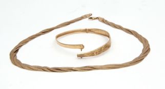Mixed Lot: modern yellow metal necklace, four plaited strands in a snake link design, stamped 9Kt,