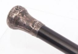 George V silver capped and ebonised walking cane, length 92 1/2 cms, London 1919