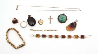 Mixed Lot: agate pendant, back and front heart locket, rolled gold cross, gilt metal bracelet,