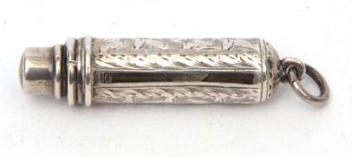 Early 20th century Sterling silver stamp case?? of cylindrical form with ring suspension and