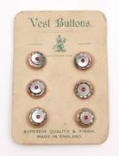 Vintage set of six vest buttons, circular design with mother of pearl disc panels, each decorated