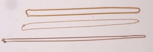 Mixed Lot: 9ct gold rope twist chain together with two trace chains stamped 9K, 6.5gms (3)