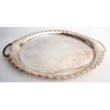 Mid-20th century electro-plated two-handled oval tea tray, with shaped rim, integral handles and