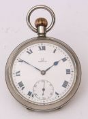Early 20th century nickel cased open face keyless pocket watch, Omega, 5148376, frosted gilt and