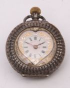 Early 20th century Swiss silver cased open face keyless fob watch, the frosted gilt and jewelled