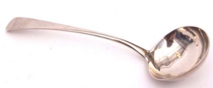 George III Old English pattern sauce ladle with round bowl and contemporary crest, length 17cms,