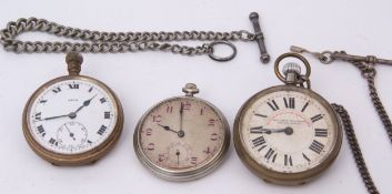 Mixed Lot: three various base metal cased open face keyless pocket watches, together with two base