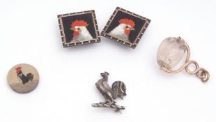 Mixed Lot: Rooster/Cockerel related items to include antique pair of pietra dura rooster panels,