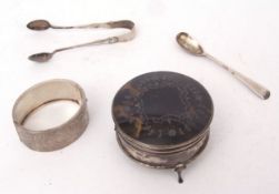 Mixed Lot: tortoiseshell inset and silver dressing table casket of circular form with hinged