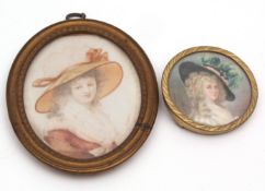 Mixed Lot: circular portrait brooch, hand painted depicting a lady in a plumed hat, signed Le Q in a