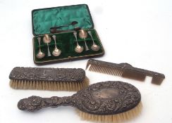 Mixed Lot: three various silver mounted dressing table pieces including hair brush, clothes brush