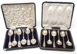 Mixed Lot: cased set of six Fiddle pattern tea spoons, Sheffield 1901, makers mark JR, together with